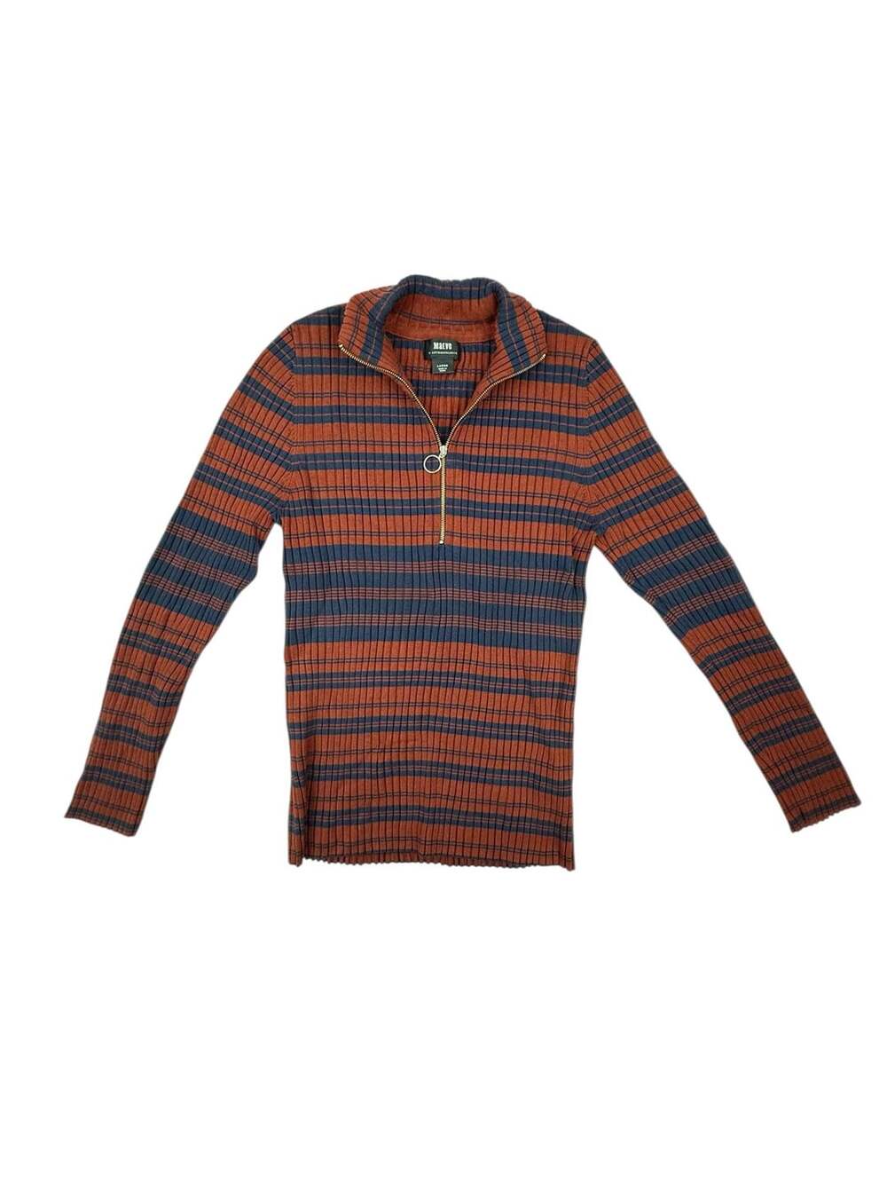 Maeve by Anthropologie Orange and Blue Striped Rib-Knit Quarter-Zip Sweater Size